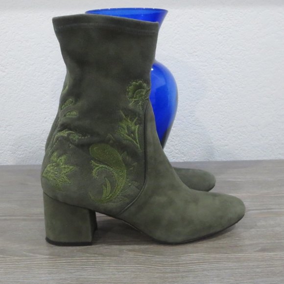 Rachel Zoe Olive Army Green Suede Embroidered Boots Block Heel 7 Boho Paisley - Picture 7 of 16